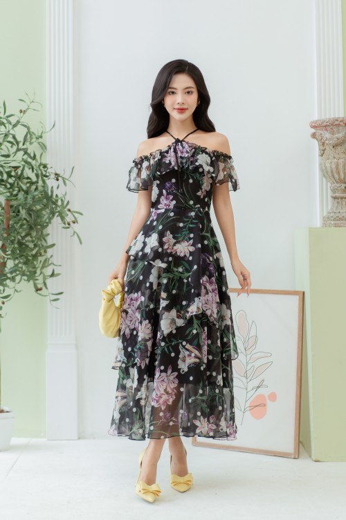 Sixdo Black Lily Midi Voile Dress